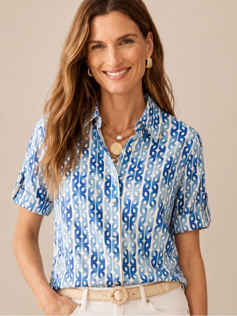 J.McLaughlin Blue & White Geometric Print Button Front Blouse